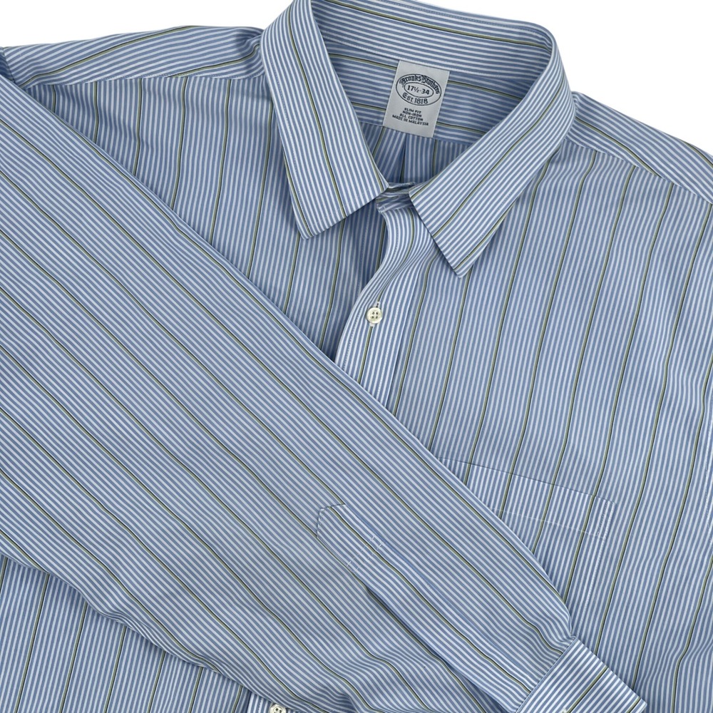 Brooks Brothers Men's Blue Stripe Slim Fit Non Iron Dress Shirt 17.5‎ 34
